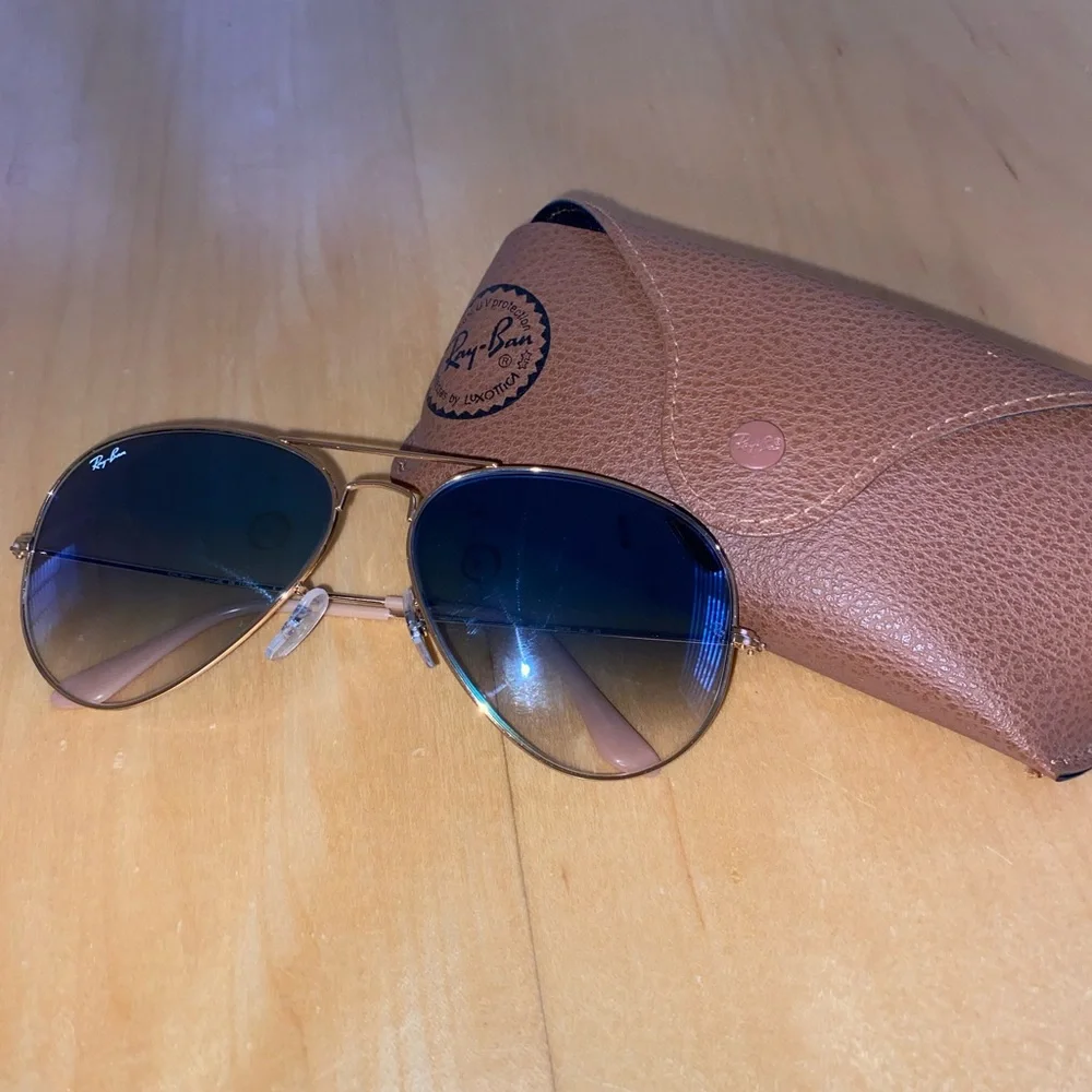 Ray-Ban Gold Frame Sunglasses with Blue Gradient Lenses and Brown Case